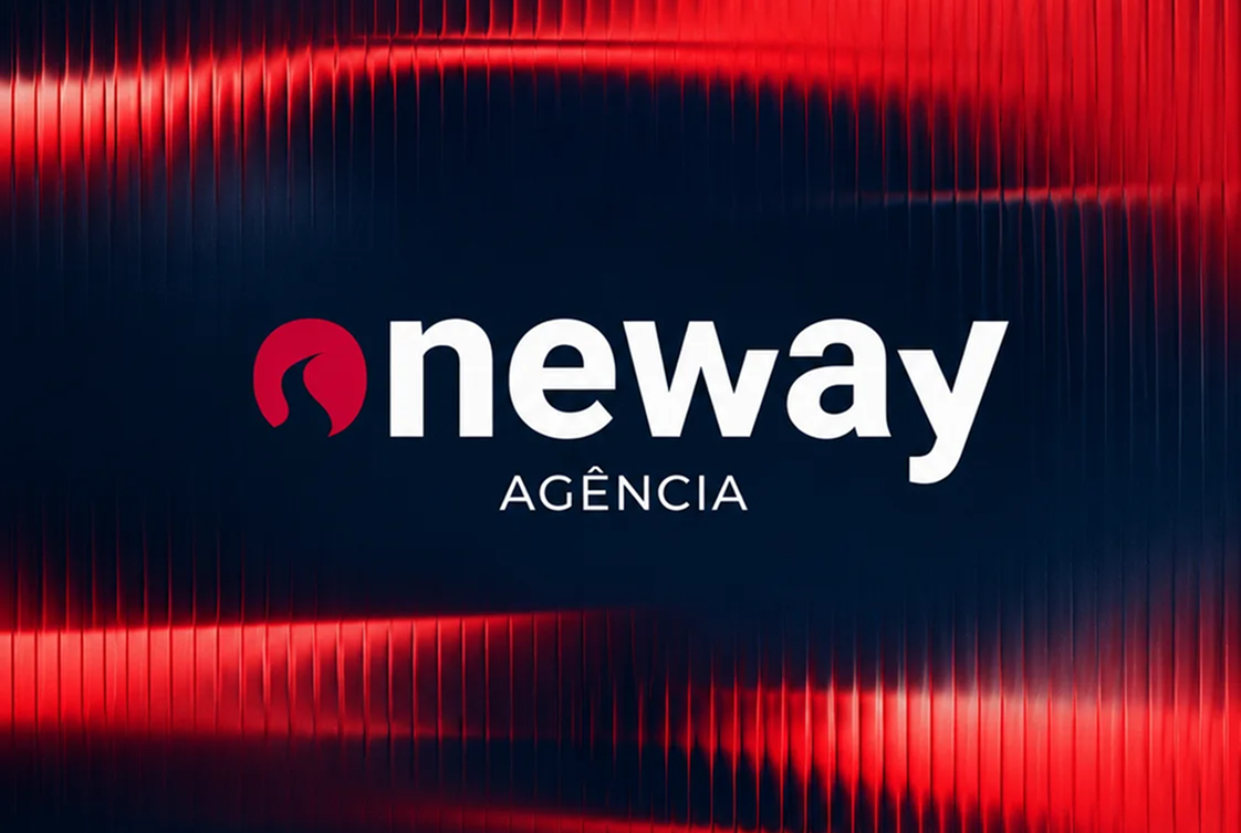 Logo da ONEWAY Agência sobre fundo azul-marinho com ondas vermelhas