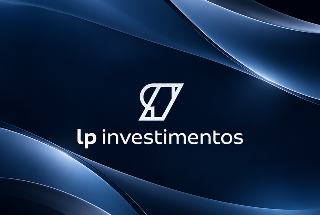Logo LP Investimentos em branco sobre fundo azul-marinho com curvas de luz