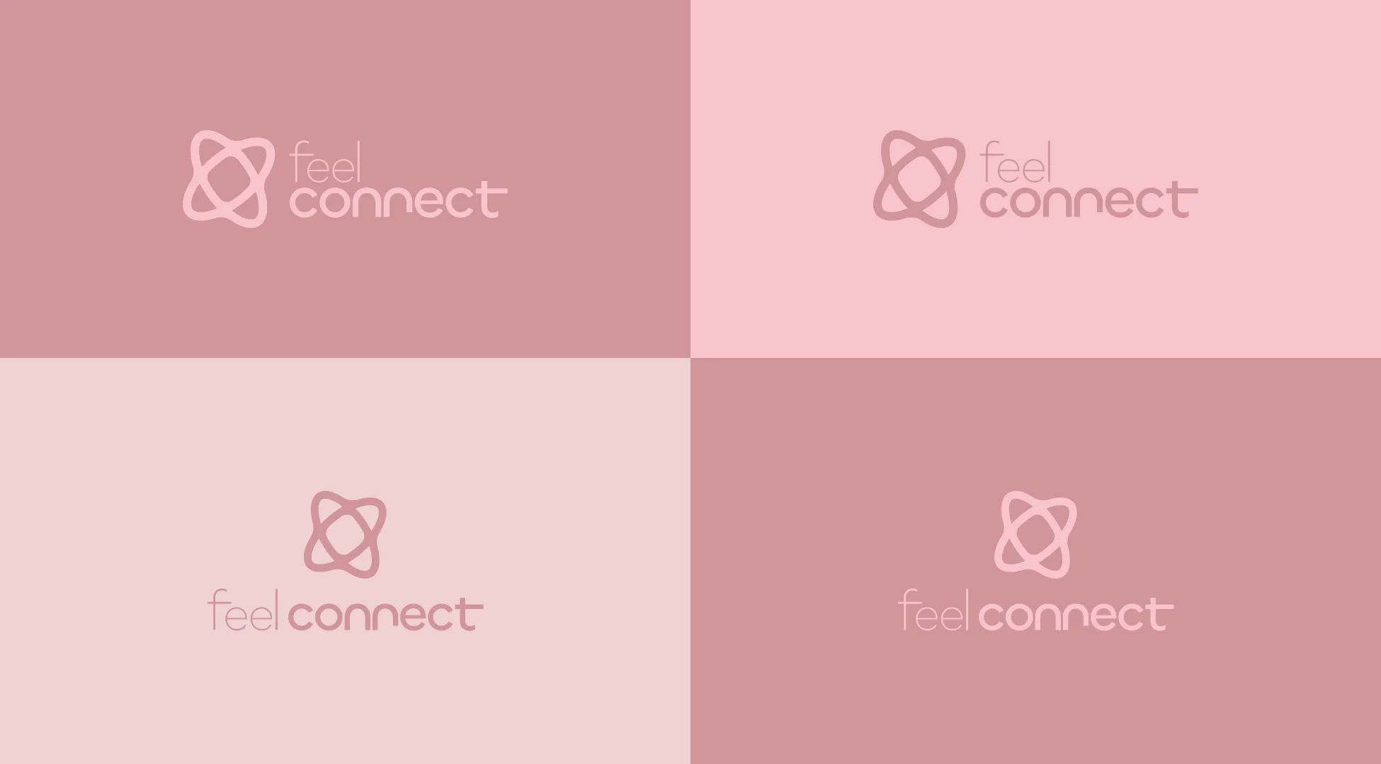 Versões do logo Feel Connect sobre fundos rosados