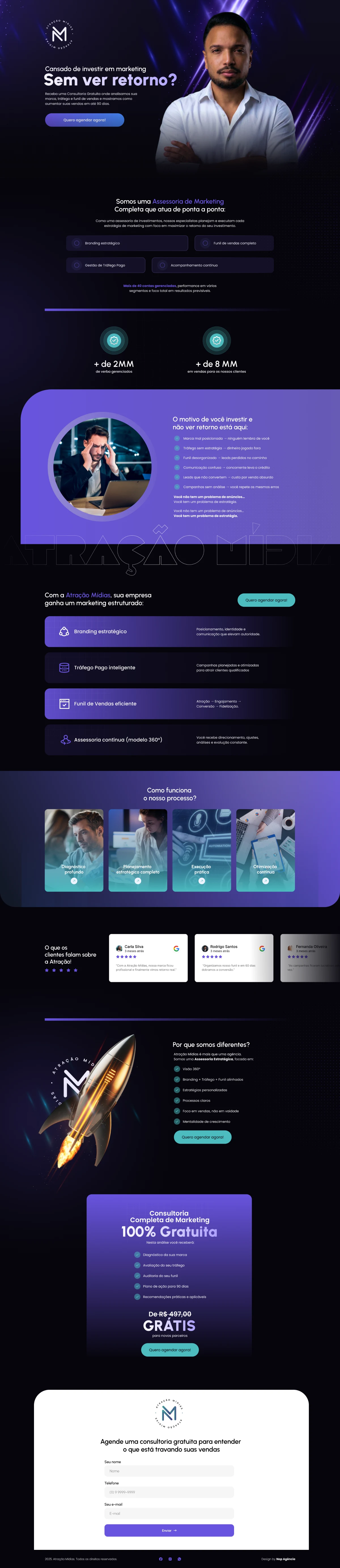 Página completa da landing page Atração Mídias