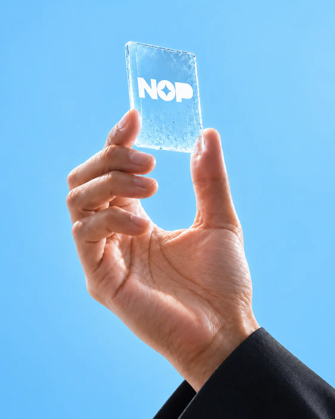 Mão segurando um cartão transparente com o logo da NOP contra o céu azul